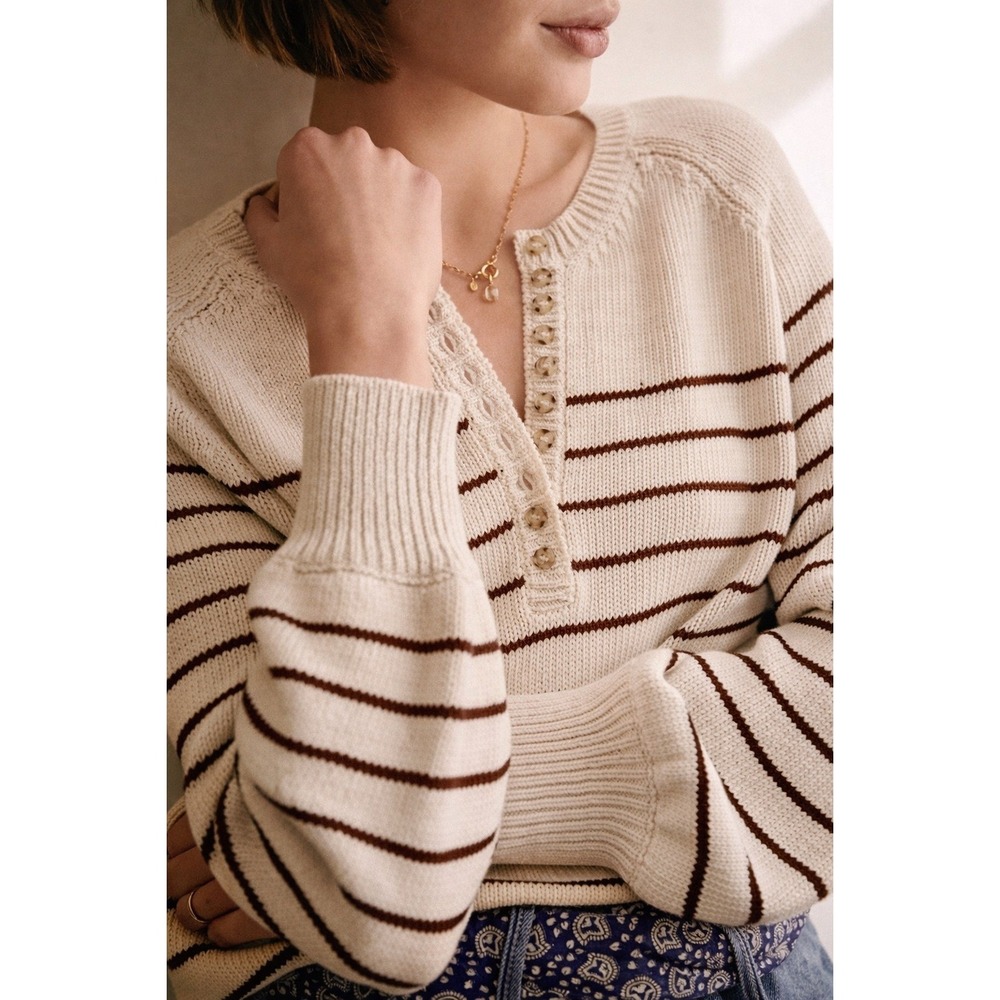 Sezane Cream Knit Crewneck Sweater with Brown Stripes